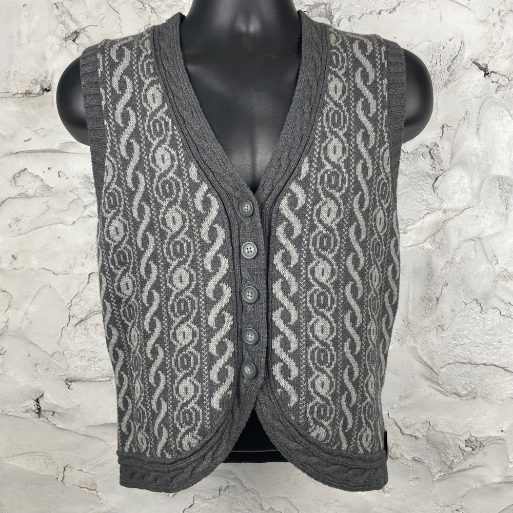 Woolrich Womens Gray Geometric Cable Knit Button Front Sweater Vest Small